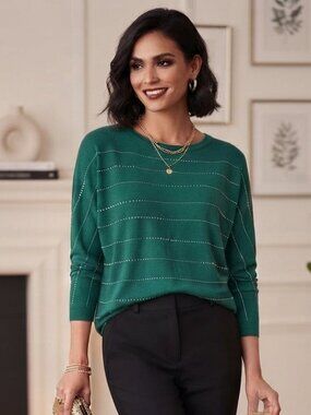 Eva & Paige Womens Top Green Silver Metallic Sparkle Stripe Dolman Sleeve Size M